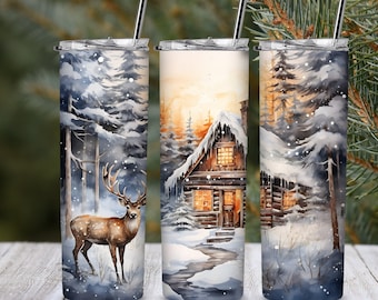 Cabine in het bos met herten Tumbler Wrap, 20 oz Rechte Skinny Tumbler Sublimatie Design, Digitale Download, PNG-bestand, Cabine Tumbler Wrap