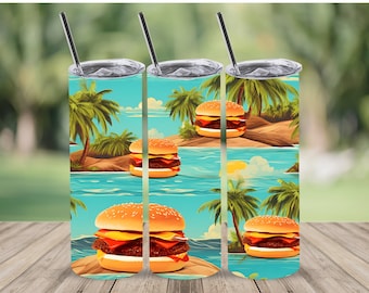 Bezszwowy Cheeseburger Na Tropikalnej Wyspie Tumbler Wrap, 20 oz Prosty Chudy Tumbler Sublimacja Projekt, Pobieranie Cyfrowe, Plik PNG