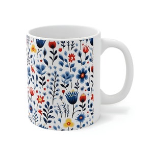 Nordic Folk Art Floral Mug,Scandinavian Floral Pattern Mug,Folk Art Cup,Nordic Folk Art Design Ceramic Mug,11-ounce Mug,Pretty Flowers Mug