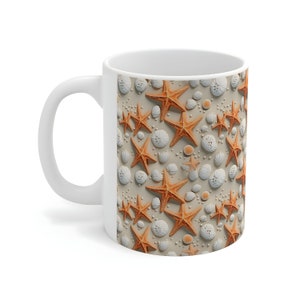 3D Starfish And Seashells On The Beach Mug, Starfish Pattern Design Ceramic Mug,11-ounce Mug, Sea Life Mug,Beach Lover Mug,Seashore Mug