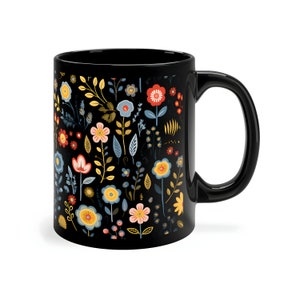 Nordic Folk Art Floral Design Black Mug,11-ounce Mug with Floral Design, Scandinavian Design Mug, Nordic Folk Art Floral Ceramic Cup