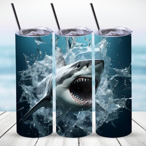 Shark Tumbler Wrap, 3D Shark Wrap 20 oz. Gerader Becher Sublimation Design, digitaler Download, PNG Datei, Hai brechen durch Glas Design