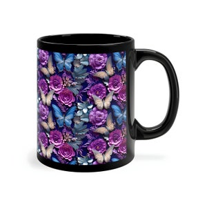 3D Butterflies With Flowers Design On A Black Mug,11-ounce Mug with Butterflies,Butterflies With Flowers Design Mug,Black Ceramic Cup