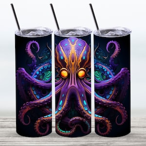 3D Psychedelic Octopus Tumbler Wrap,20 oz Straight Skinny Tumbler Sublimation Design,Digital Download, PNG File, Octopus Wrap, Neon Wrap