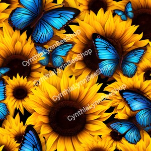 May include: A seamless pattern featuring bright yellow sunflowers with blue butterflies. The sunflowers have dark brown centers and the butterflies have a vibrant blue color.