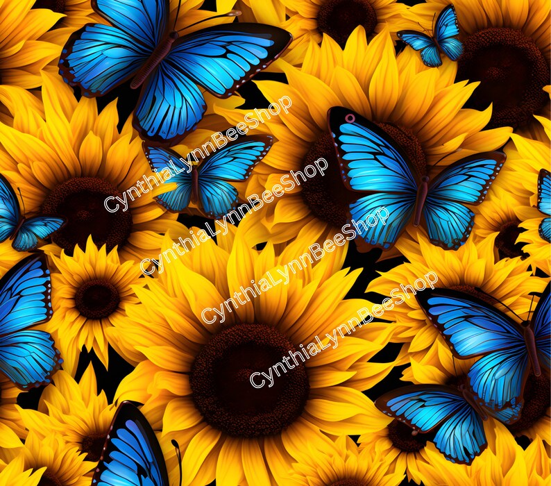 May include: A seamless pattern featuring bright yellow sunflowers with blue butterflies. The sunflowers have dark brown centers and the butterflies have a vibrant blue color.