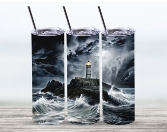 Lighthouse On a Stormy Night Tumbler Wrap,20 oz Straight Skinny Tumbler Sublimation Design,Digital Download,PNG File,Lighthouse Tumbler Wrap