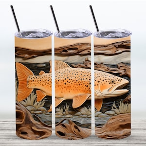 Trout Tumbler Wrap,Trout in a Wooden Crafted Design 20 oz Straight Skinny Tumbler Sublimation Design,Digital Download, PNG File