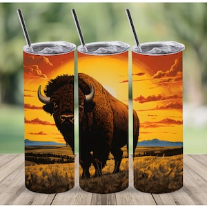 Bison mit dem Sonnenuntergang Tumbler Wrap, Bison 20 oz Straight Tumbler Sublimation Design, digitaler Download, PNG Datei, Bison Tumbler Wrap