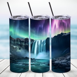 Aurora Lights Over Waterfall Tumbler Wrap,20 oz Straight Tumbler Sublimation Design,Download digitale, File PNG,Islanda Waterfall Wrap