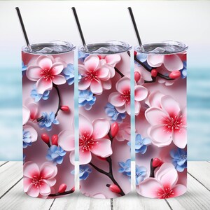 Cherry Blossoms Tumbler Wrap,3D Blue Cherry Blossoms Wrap 20 oz Straight Tumbler Sublimation Design,Digital Download,PNG File,Seamless Wrap