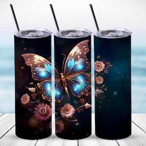 Farfalla Tumbler Wrap, Farfalla alata blu metallizzato 3D con fiori rosa 20ozStraight Tumbler Sublimation Design, Download digitale, File PNG