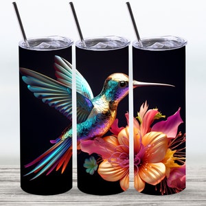 3D-Kolibri mit Blumen Tumbler Wrap, 20 Unze gerade dünne Tumbler Sublimation Design, digitaler Download, PNG-Datei, Kolibri PNG, Vogel PNG