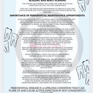 Peut inclure: Infographie informative sur le traitement de la maladie parodontale. Le texte explique le détartrage et le surfaçage radiculaire, l'importance des rendez-vous d'entretien et la gestion de la maladie. Avec des illustrations de dents et de gencives.