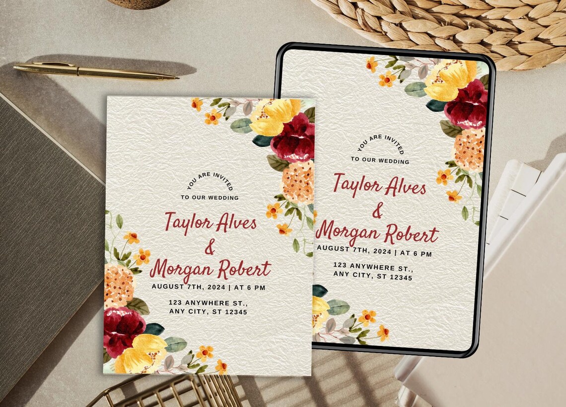 String Lights and Watercolor Floral Wedding Card.pdf Etsy