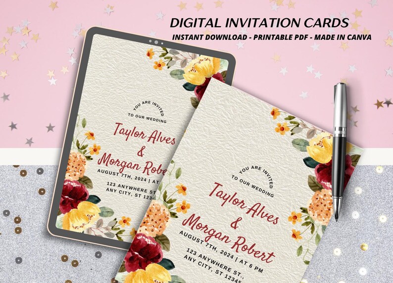 String Lights and Watercolor Floral Wedding Card.pdf Etsy