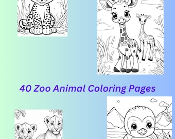 40 Zoo Animal Coloring Pages, Kids & Adults (Instant Download)