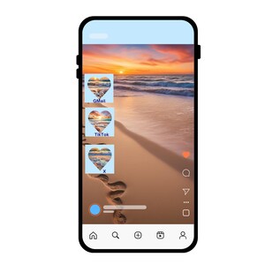 May include: A screenshot of a mobile phone displaying a beach sunset image. The image is in a heart-shaped frame. The phone screen also shows icons for Gmail, TikTok, and a comment section.