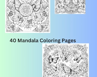 Mandala Coloring Book, 40 Printable Pages, Butterfly Designs (Digital Download)