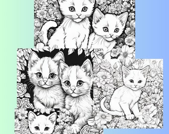 40 Cats and Kittens Coloring Pages, Printable Animal Illustrations (Digital Download)
