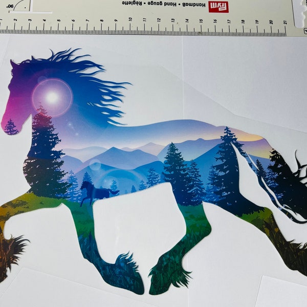 XL Bügelbild Pferde Silhouette Schatten Wald Landschaft wunderschön Aufbügler für Kleidung