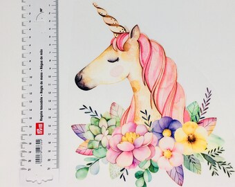 Bügelbild Einhorn rosa Blumen Bouquet Aufbügler Iron on Tiere Kleidung Patch Flower