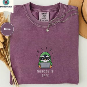 Hacker Penguin T-Shirt, Embroidered Style Cyber Security Tee, Comfort Colors Penguin Shirt