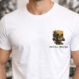 Leuke oranje robot-T-shirt | Hallo wereld-robot | Cartoonrobot | Uniseks tekenfilmrobottop | Cadeau voor ontwikkelaar | Tech Love T-shirt