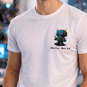 Cute Blue Robot T-Shirt, Hello World Robot Tee, Cartoon Robot Shirt, Unisex Graphic Tee, Coding Shirt, Gift for Programmer, Tech Lover Gift