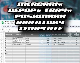 May include: A spreadsheet labelled "Inventory Template" showing data for Mercari, Depop, Ebay, and Poshmark. The spreadsheet includes item numbers, names, sizes, quantities in stock, goal prices, item prices, stock locations, and quantities ordered.