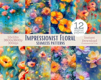 Seamless Patterns - Impressionist Floral | Instant Download with Commercial Use | Digital Paper, Scrapbooking & Junk Journaling Paper