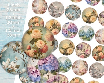 May include: Assortment of 1 inch, 1.2 inch, and 1.5 inch round cabochons featuring floral designs. The designs include blue and purple hydrangeas, white magnolias, and pink and yellow roses.