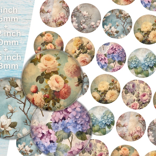 Digital Collage Sheet - Shabby Floral | 1 inch circle, 1.2 inch, 1.5 inch, 25mm, 30mm, 38mm | Round Cabochon Jewelry, Keychain, Buttons