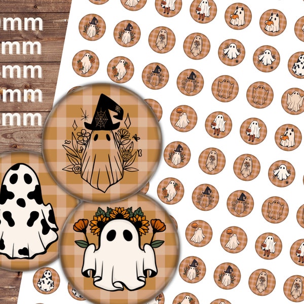 Circles Digital Collage Sheets - Cute Boho Ghosts, 10mm, 12mm, 14mm, 16mm, 18mm | Halloween Printable for Earrings, Rings, Jewelry Making