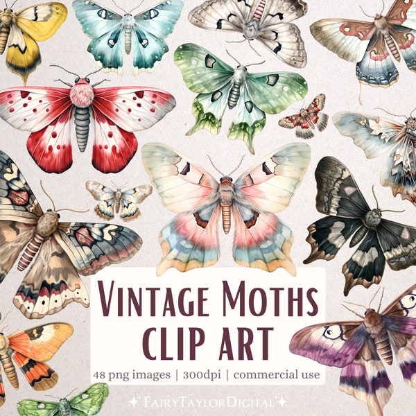 48 Vintage Moths PNG Clipart, Transparent Background | Instant Download Commercial Use POD, Watercolor Moth Clipart bundle sublimate Cricut