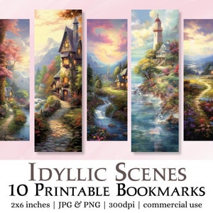 10 Idyllic Scenes Printable Bookmarks | Digital Download JPG Bookmark Sheets, PNG bookmark sublimation, Print and Cut Bookmark Set