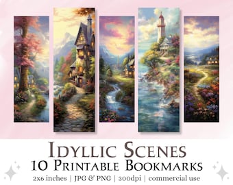 10 Idyllic Scenes Printable Bookmarks | Digital Download JPG Bookmark Sheets, PNG bookmark sublimation, Print and Cut Bookmark Set