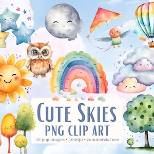 30 schattige luchten PNG-clipart transparante achtergrond Instant Download, commercieel gebruik POD, aquarel schattig Moon Stars Clouds Sun Clipart-bundel