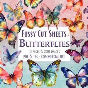 230 Fussy Cuts Schmetterlinge, sofortiger Download druckbare PDF wählerische Schneideblätter, wählerische Schneideseiten für Ephemera Karten und Scrapbooking für kommerzielle Nutzung