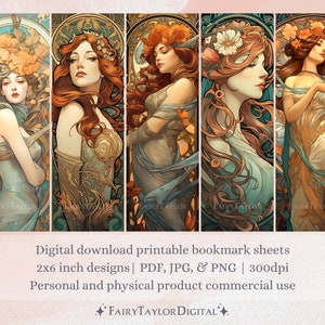 15 Art Nouveau Girls Printable Bookmarks | JPG Bookmark Sheets &amp; PNG ...