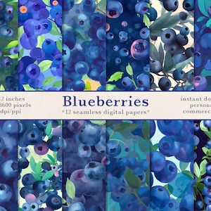 Seamless Patterns - Blueberries | Printable Scrapbook and Journal Paper, Fruit Digital Paper | Instant Download with Commercial Use