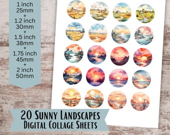 Sunny Landscapes Collage Sheets, Round Cabochon Images, 1 inch circle, 1.2 inch, 1.5 inch, 1.75 inch, 2 inch, Printable Pendant Images