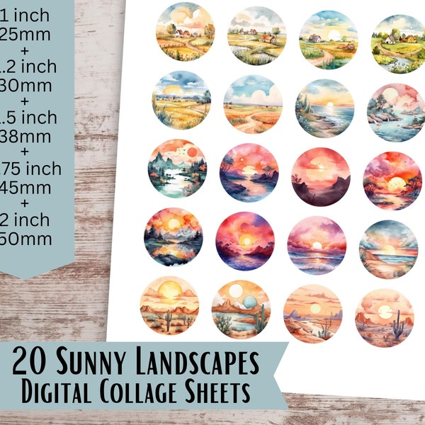 Sunny Landscapes Collage Sheets, Round Cabochon Images, 1 inch circle, 1.2 inch, 1.5 inch, 1.75 inch, 2 inch, Printable Pendant Images