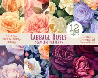 Seamless Patterns - Cabbage Roses  | Instant Download with Commercial Use | Digital Paper, Scrapbooking & Junk Journal Paper