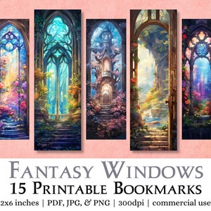 15 Fantasy Windows Printable Bookmarks, Print & cut JPG pages, PNG sublimation images, watercolor floral window bookmark set, commercial use