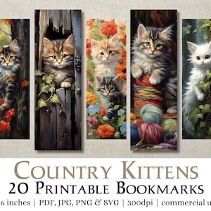 20 signets imprimables de chatons de pays | Bookmark Set JPG et PNG, images de sublimation, Print & Cut Commercial Use, 2x6 signets de chat mignon