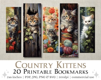 20 signets imprimables chatons country | Ensemble de signets JPG et PNG, images par sublimation, impression et découpe à usage commercial, 2 x 6 signets chat mignon
