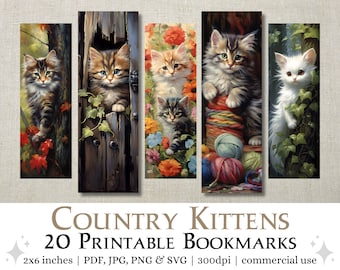 20 Country Kittens Printable Bookmarks | Bookmark Set JPG and PNG, sublimation images, Print & Cut Commercial Use, 2x6 cute cat bookmarks