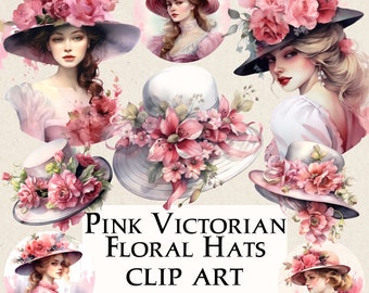 16 Pink Victorian Floral Hats PNG Clip Art | Transparent background | Instant Download | Commercial Use POD | sublimate Cricut scrapbooking