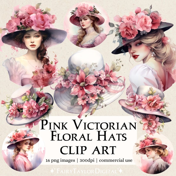 16 Pink Victorian Floral Hats PNG Clip Art | Transparent background | Instant Download | Commercial Use POD | sublimate Cricut scrapbooking